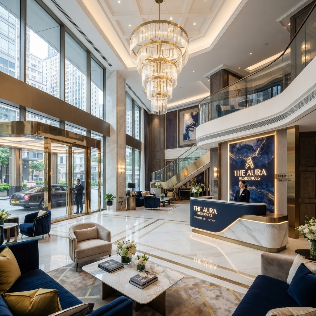 Grand double-height lobby entrance